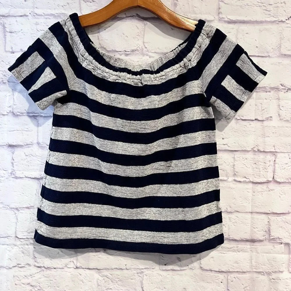 Madewell‎ Off Shoulder Textured Top Womens Short Sleeve Cropped Striped Blue